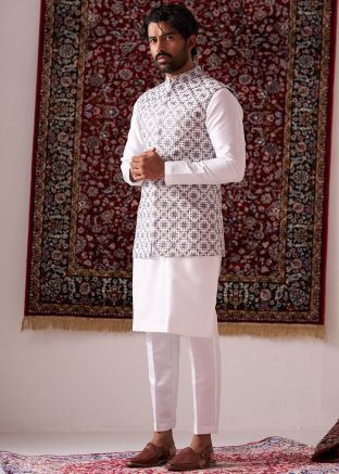 White Readymade Silk Embroidered Jacket with Kurta Pajama