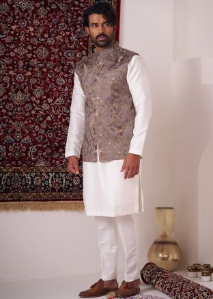 Off White Readymade Silk Woven Nehru Jacket with Kurta Pajama