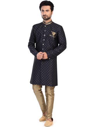 Blue Embroidered Indo-Western Sherwani Set