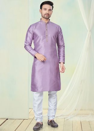 Lavender Plain Art Silk Readymade Men Kurta Pajama