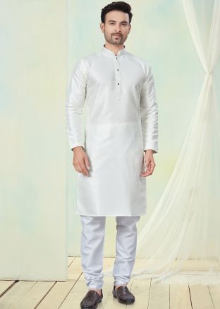 White Readymade Plain Men Kurta Pajama In Art Silk