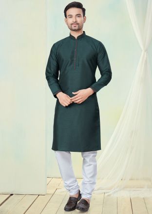 Green Readymade Art Silk Men Plain Kurta Pajama