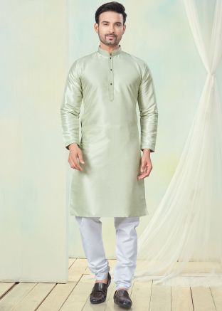 Pastel Green Art Silk Readymade Men Kurta Pajama In Plain