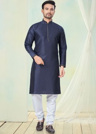 Blue Plain Art Silk Readymade Men Kurta Pajama
