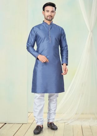 Blue Art Silk Readymade Men Kurta Pajama In Plain