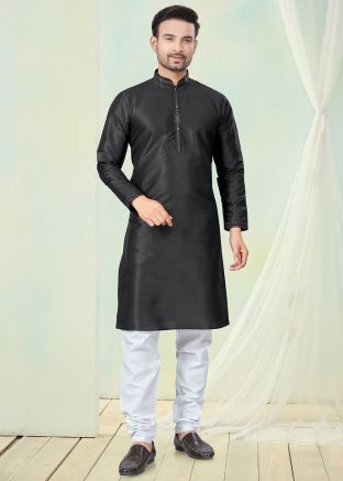 Black Plain Readymade Men Kurta Pajama IN Art Silk