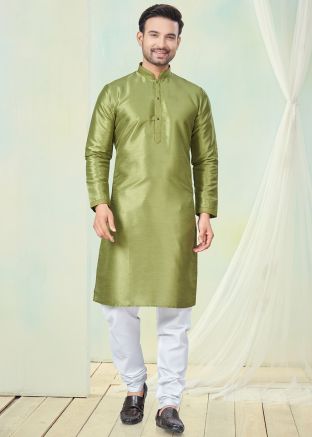 Green Readymade Art Silk Men Kurta Pajama In Plain