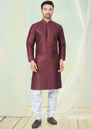 Maroon Plain Art Silk Readymade Men Kurta Pajama