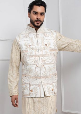 Off White Readymade Men Linen Nehru Jacket 