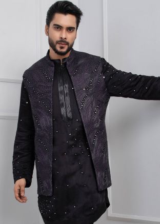 Purple Readymade Men Nehru Jacket Pajama In Linen