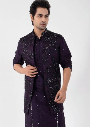 Purple Readymade Men Nehru Jacket Pajama In Embroidery