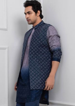 Blue Readymade Men Linen Nehru Jacket In Silk