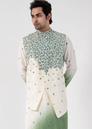 Shaded Green Readymade Nehru Jacket In Silk