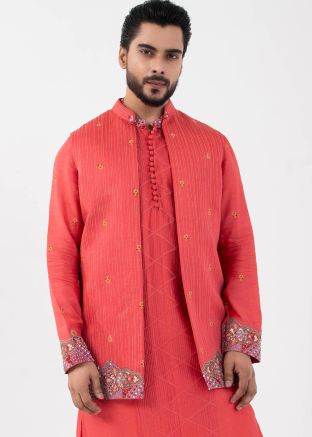 Orange Readymade Men Nehru Jacket In Linen