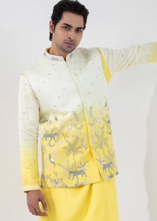 Yellow Readymade Men Embroidered Nehru Jacket 