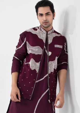 Maroon Readymade Men Linen Nehru Jacket In Cotton