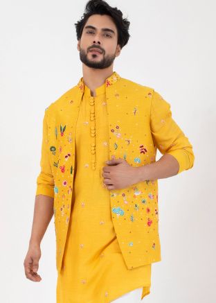 Yellow Readymade Embroidered Nehru Jacket In Silk