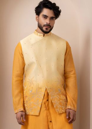 Shaded Yellow Readymade Embroidered Nehru Jacket 