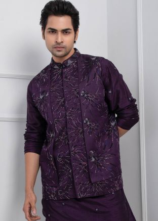 Purple Readymade Linen Nehru Jacket Pajama In Embroidery
