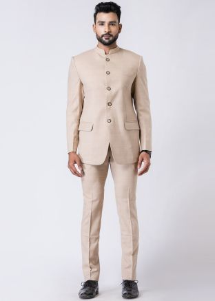 Cream Readymade Rayon Bandhgala Jodhpuri Suit