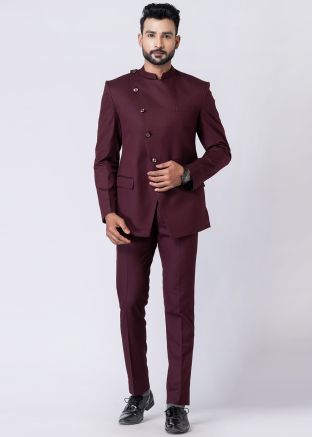 Wine Readymade Rayon Bandhgala Jodhpuri Suit