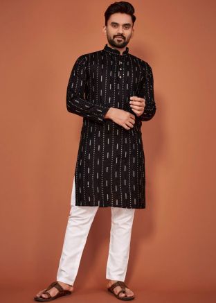 Black Embroidered Readymade Cotton Men Kurta