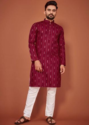Maroon Embroidered Readymade Men Kurta In Cotton