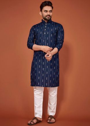 Navy Blue Readymade Cotton Men Kurta In Embroidery