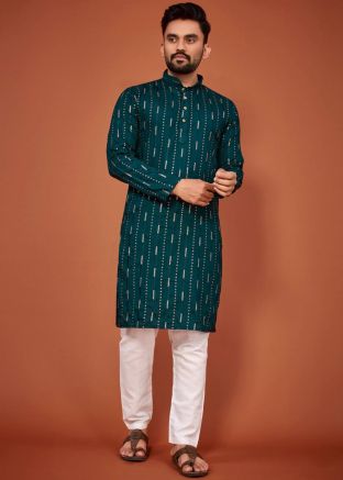 Teal Green Embroidered Cotton Mens Readymade Kurta 