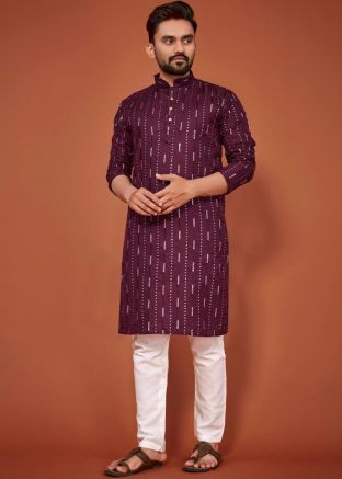 Wine Embroidered Readymade Komen Kurta In Cotton