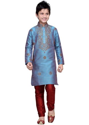 Readymade Blue Art Silk Kids Kurta Pajama