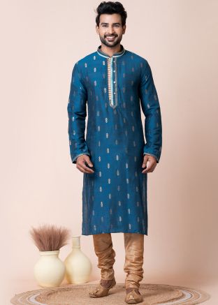 Teal Blue Readymade Jacquard Silk Men Kurta Pajama