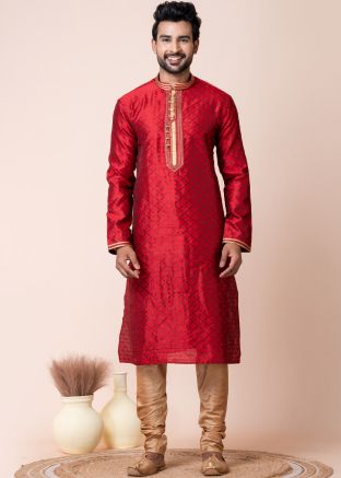 Red Readymade Men Kurta Pajama In Art Silk