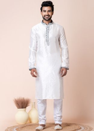 White Readymade Men Art Silk Kurta Pajama In Plain