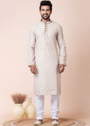 White Readymade Men Cotton Kurta Pajama In Print