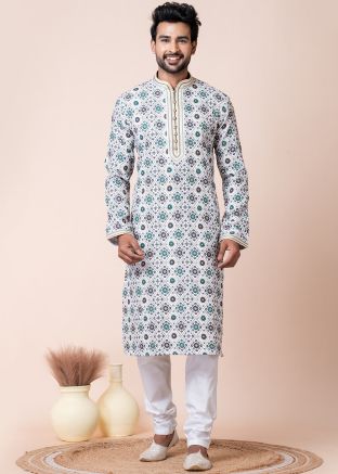 White Readymade Men Printed Kurta Pajama In Cotton