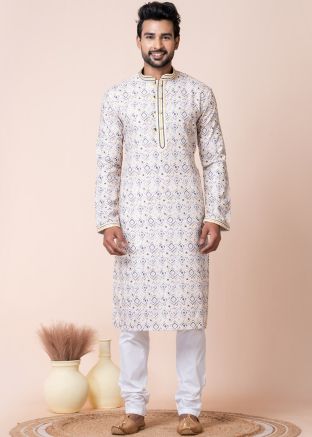 Readymade White Printed Men Art Silk Kurta Pajama