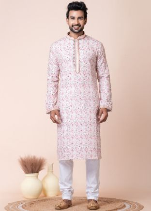 Pink Readymade Men Cotton Kurta Pajama In Print