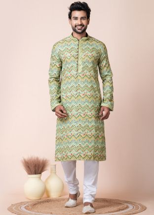 Green Readymade Men Cotton Kurta Pajama In Print