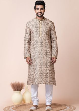 Beige Readymade Men Printed Kurta Pajama In Art Silk