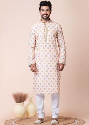 Off White Readymade Men Art Silk Kurta Pajama In Print