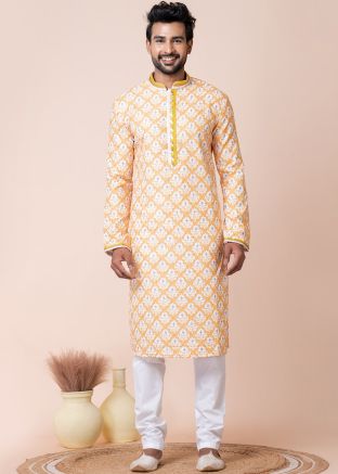 Yellow Readymade Printed Cotton Men Kurta Pajama