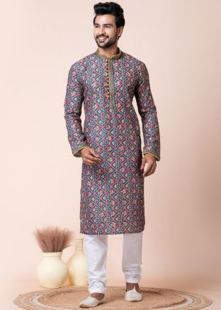 Blue Readymade Men Printed Kurta Pajama In Cotton