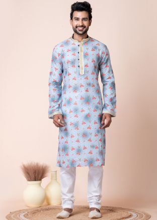 Shaded Blue Readymade Men Cotton Kurta Pajama In Print