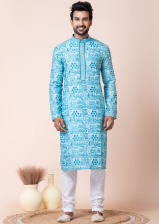Turquoise Readymade Cotton Men Embroidered Kurta Pajama