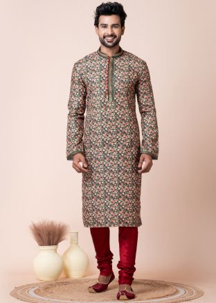 Green Readymade Men Cotton Kurta Pajama In Print