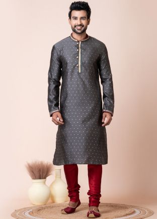 Grey Readymade Men Art Silk Kurta Pajama In Foil Print