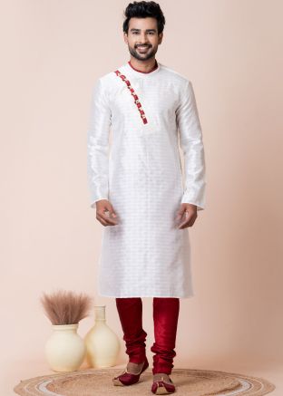 White Readymade Men Art Silk Kurta Pajama In Woven