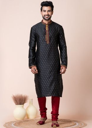 Black Readymade Foil Printed Men Art Silk Kurta Pajama