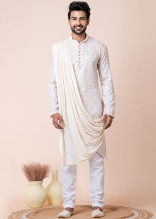 White Readymade Men Viscose Kurta Pajama In Cow Style